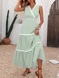 Cedar & Moore Striped surplice sleeveless tiered dress in green and white with lace trim