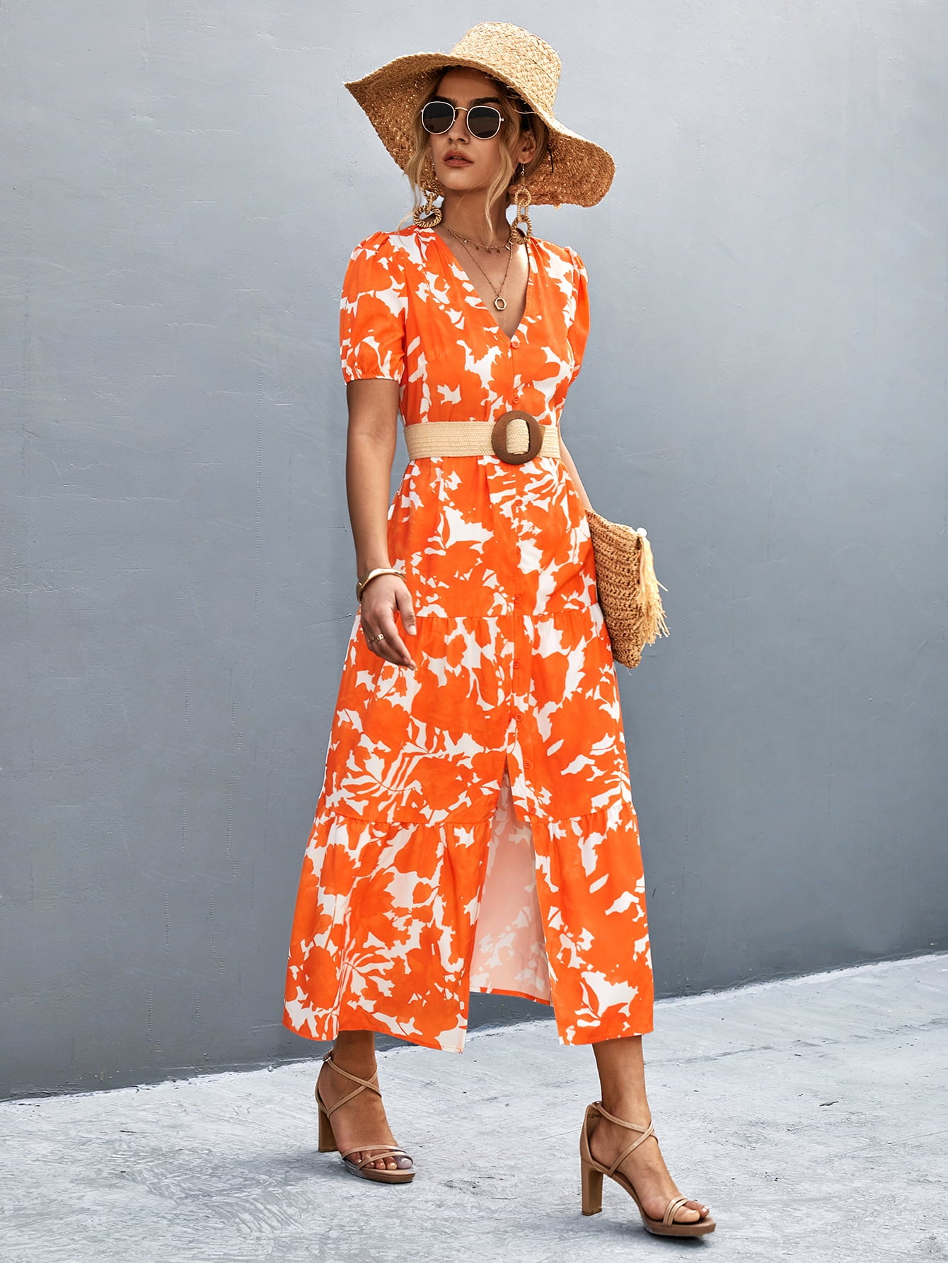 Orange-red V-neck short sleeve midi dress with high slit and white floral print, cinched waist