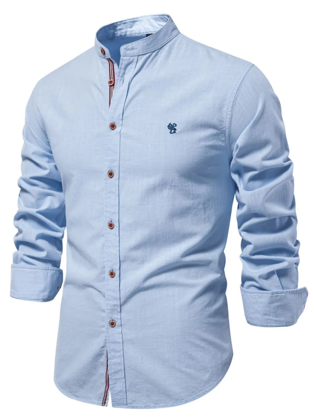 Men's light blue button-down shirt with embroidered chest logo and button placket