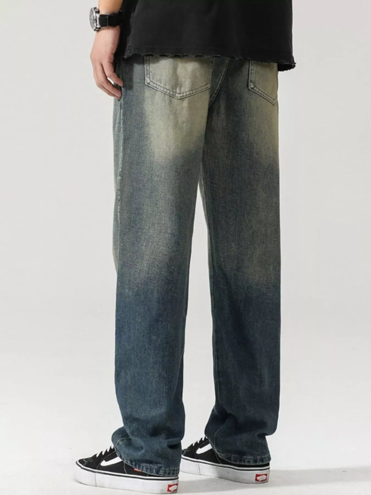Men's washed teal denim jeans with back yoke and two back pockets