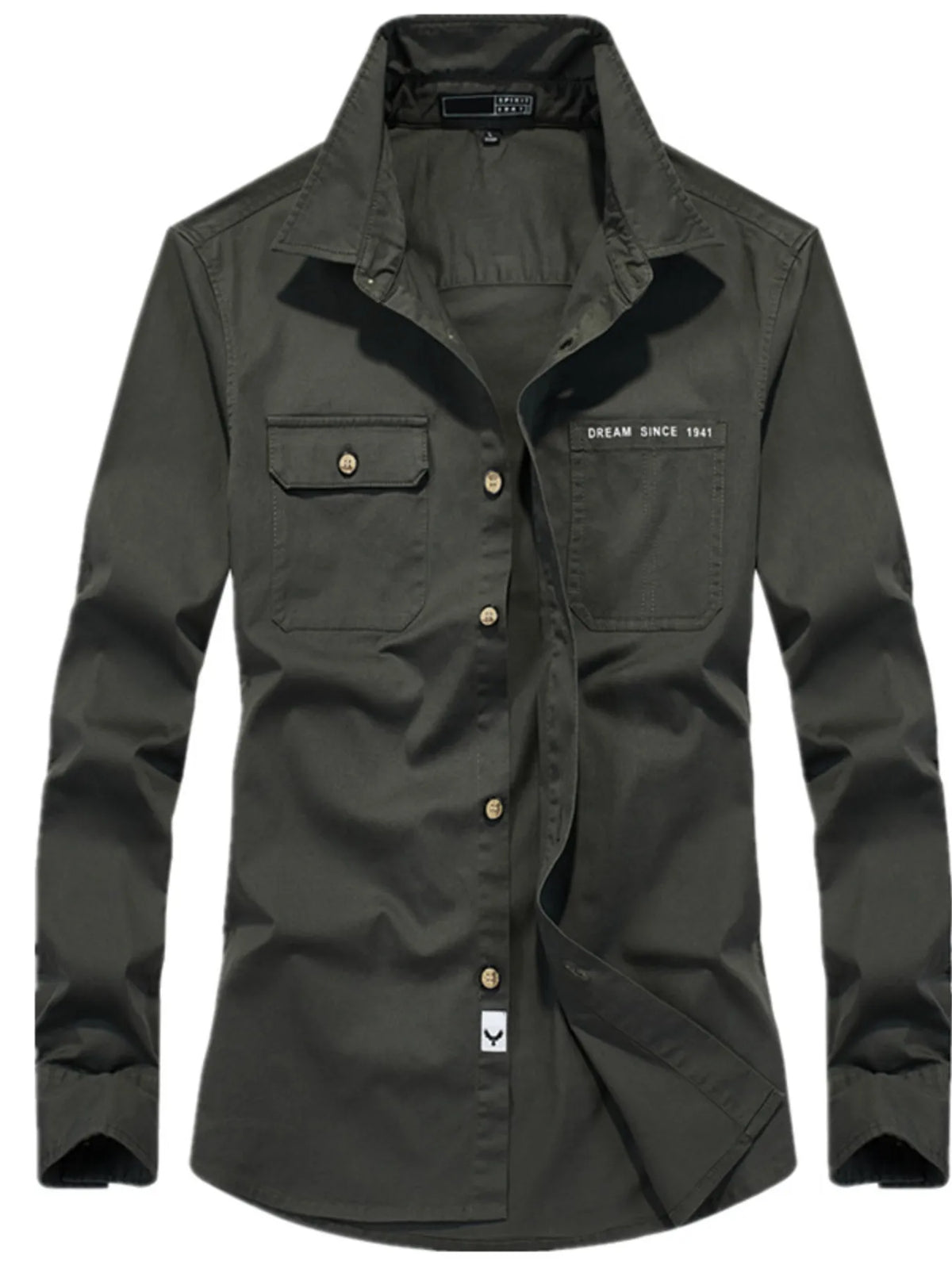 Men's long-sleeve cotton shirt in dark army green, dual chest pockets and button front