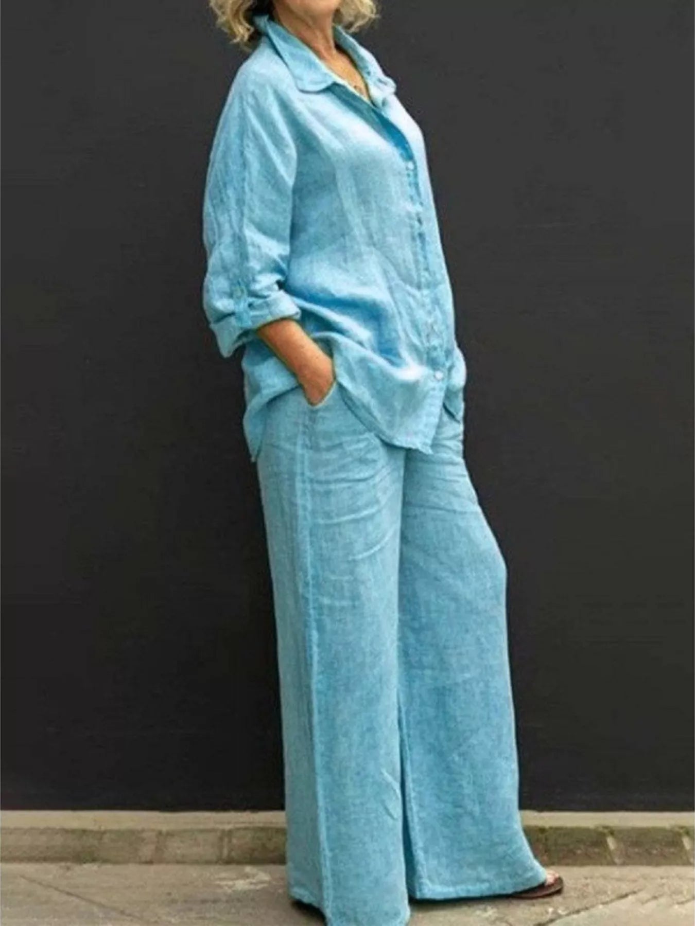 Long-sleeve shirt and pants set in light blue, button-front shirt with wide-leg trousers