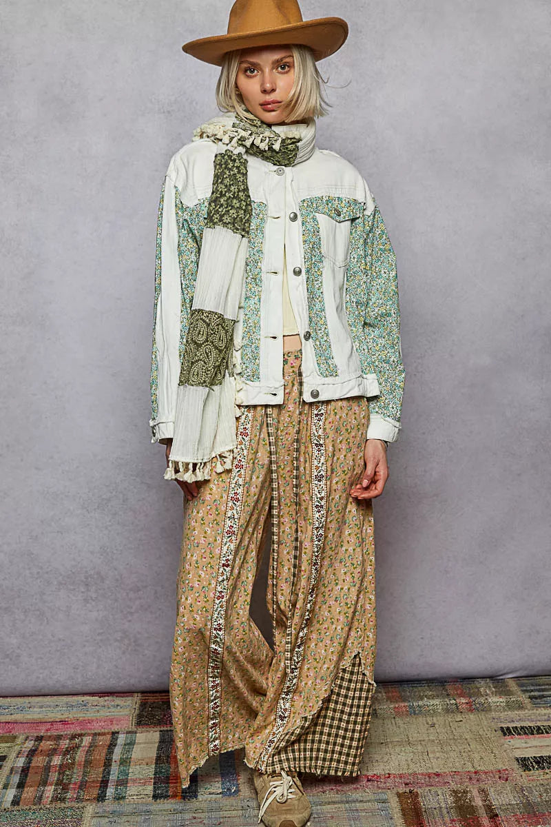 Off-white patchwork denim jacket with green floral panels and button front