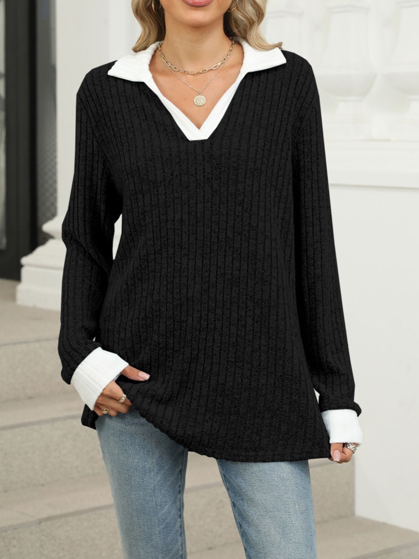 Cedar & Moore Ribbed Knit Long Sleeve T‑Shirt in black with white collar and cuffs