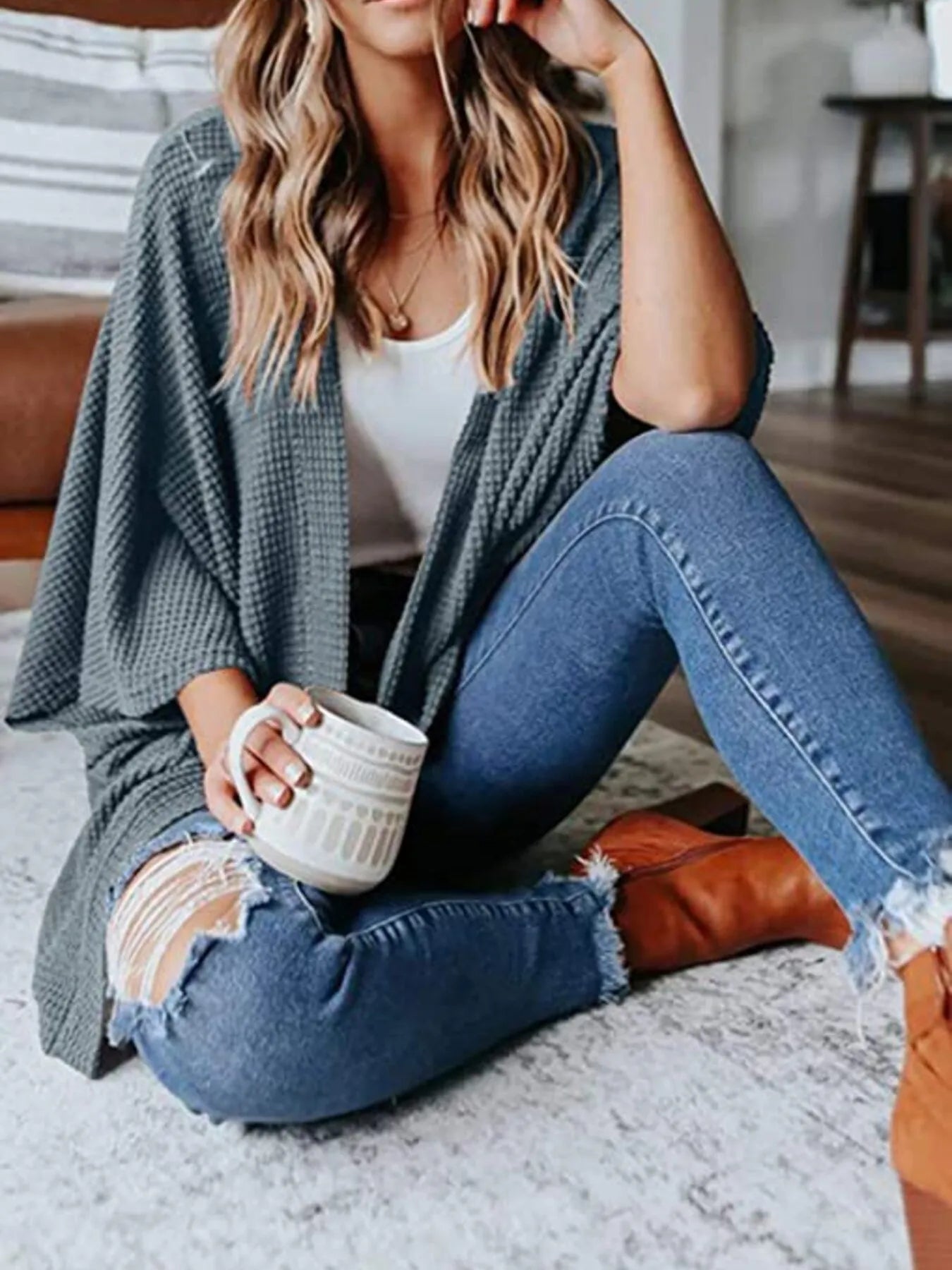 Dark blue waffle knit open-front cardigan with draped plus-size fit and three-quarter sleeves