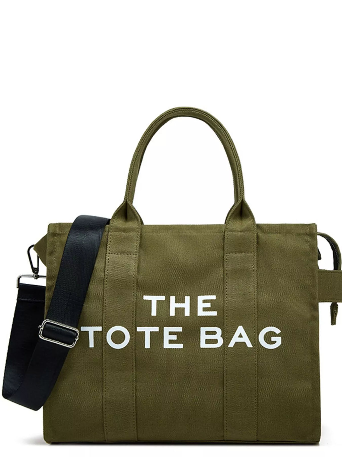 Army green canvas tote bag with “THE TOTE BAG” text and adjustable shoulder strap