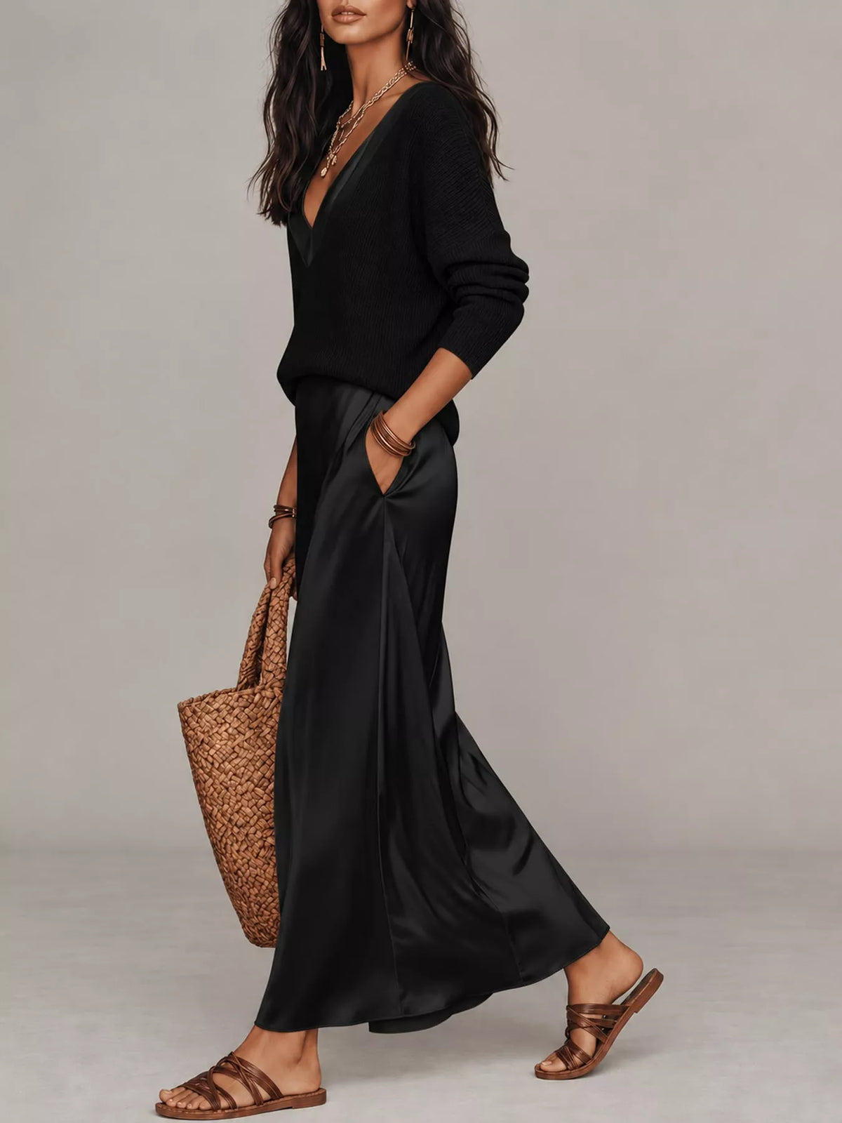 Black ribbed V-neck knit top with satin midi skirt, set shown front side view.