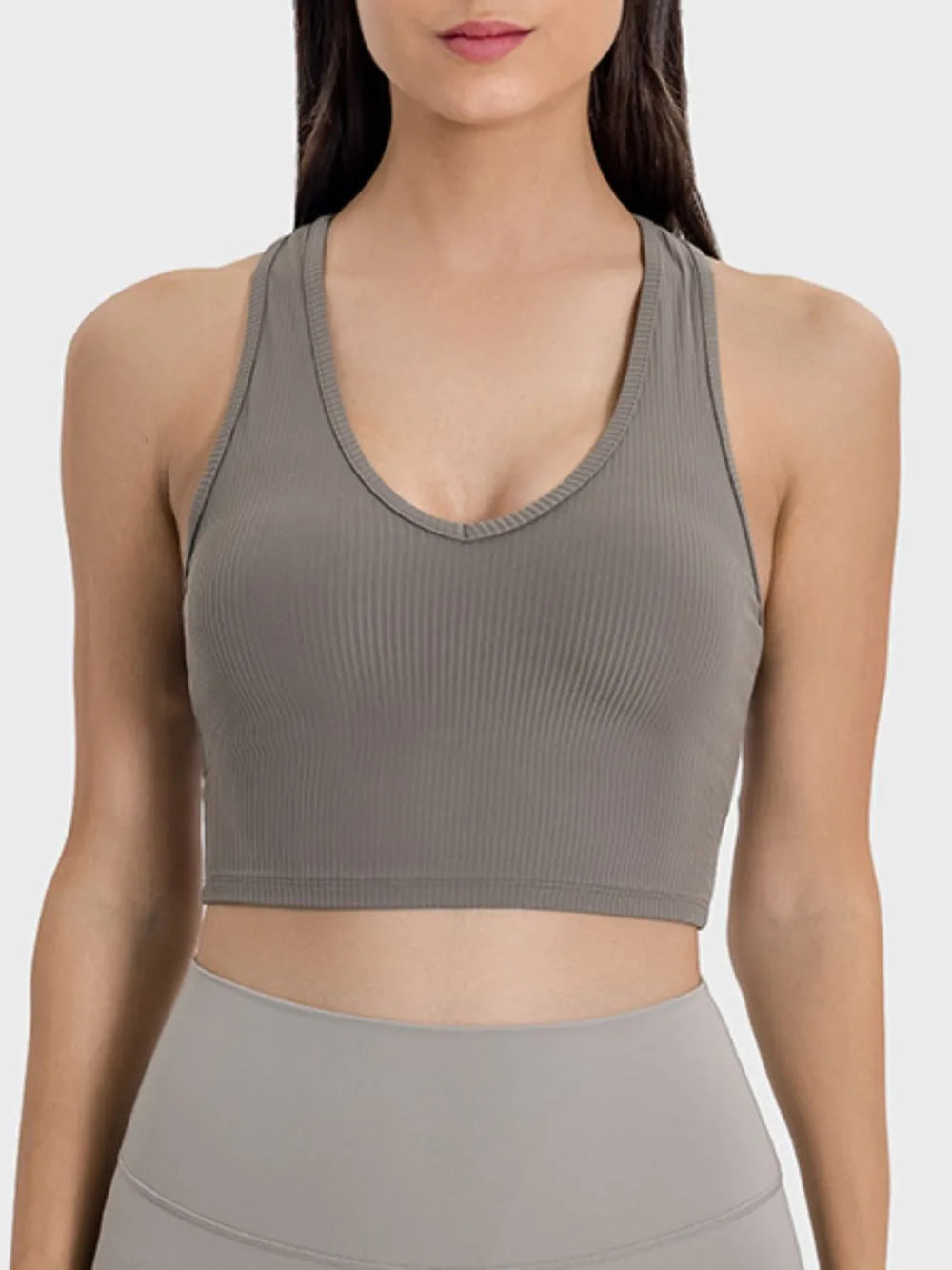 Scoop neck wide-strap active tank, heather gray ribbed knit front