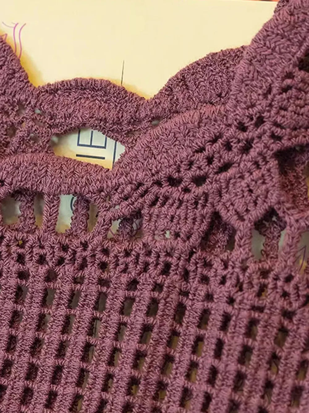 Mauve crochet scoop-neck tank close-up with textured openwork stitch pattern