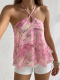Cedar & Moore Floral Print Halter Neck Flowy Cami in pink with crossed tie straps and keyhole detail