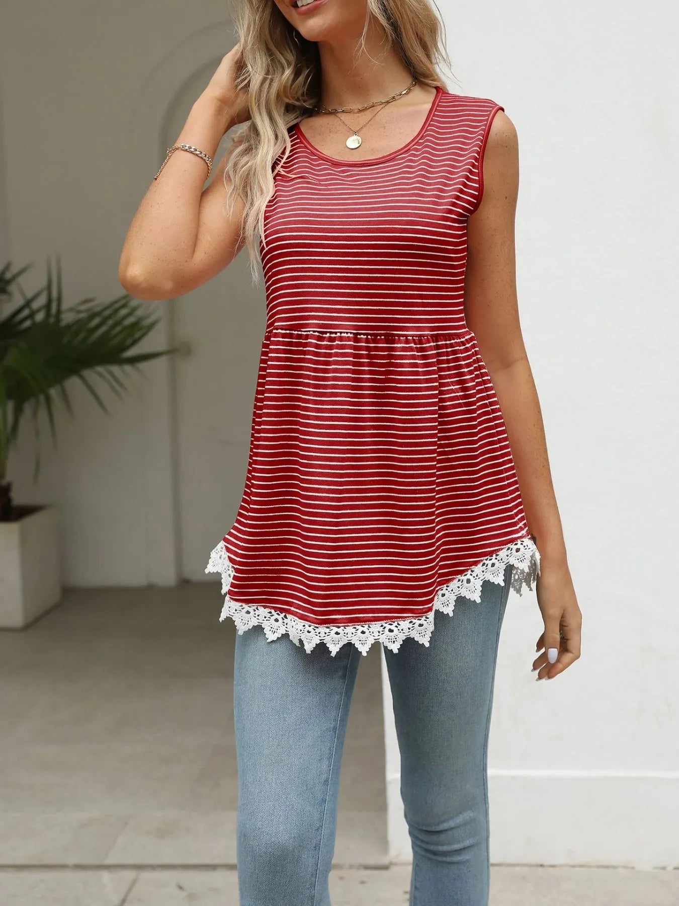 Red striped babydoll tank with lace-trim hem, sleeveless, rounded neckline