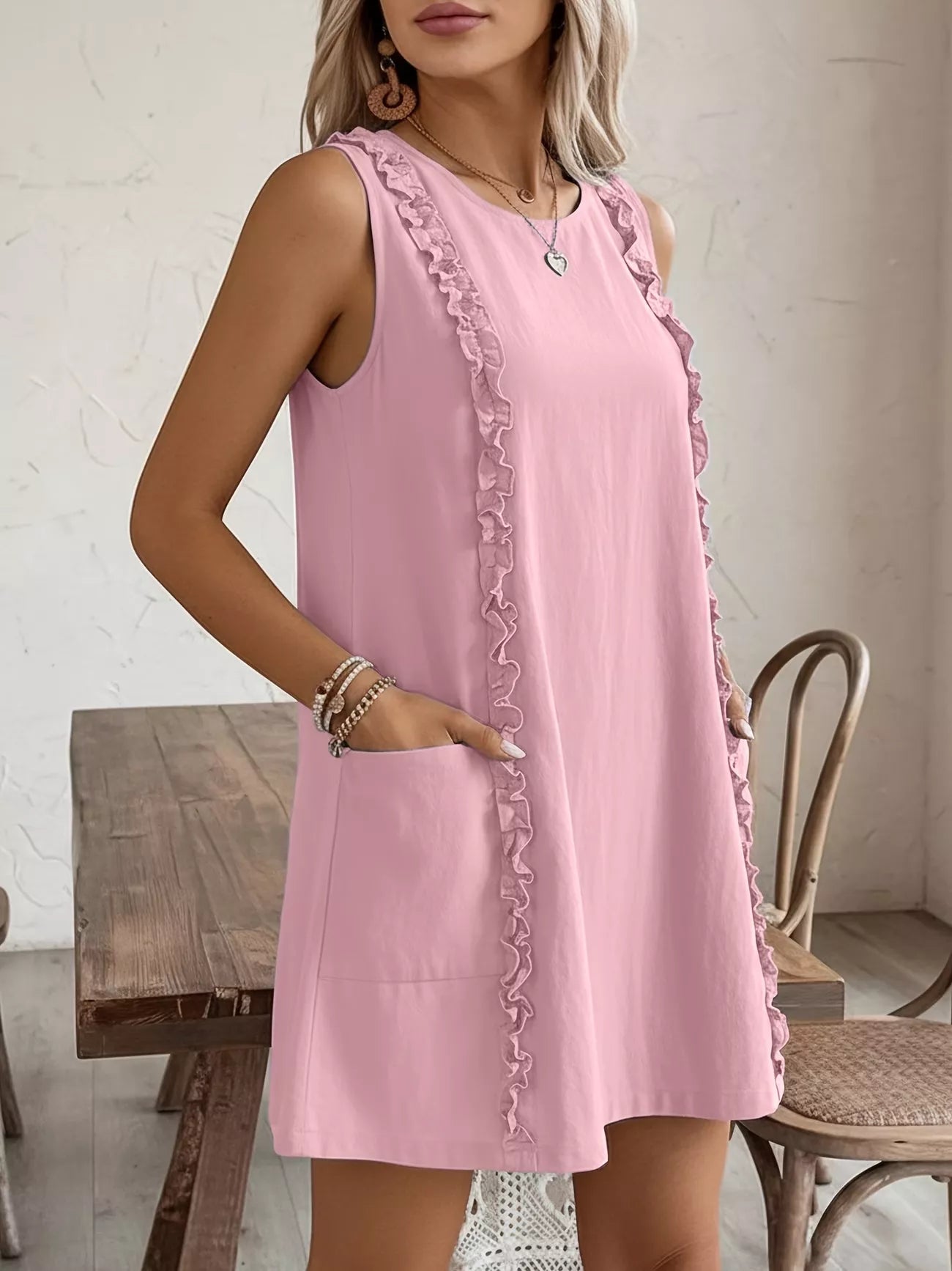 Cedar & Moore Frill Sleeveless Round Neck Dress in pink with pockets