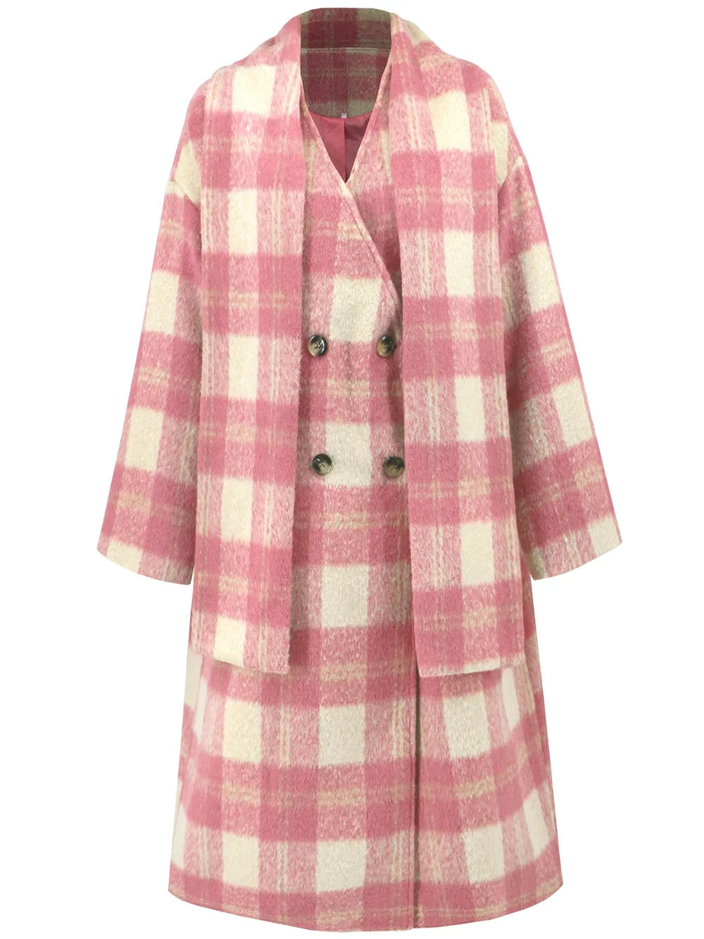 Plaid button-up long coat front in pink and cream with hooded neckline and double-breasted buttons