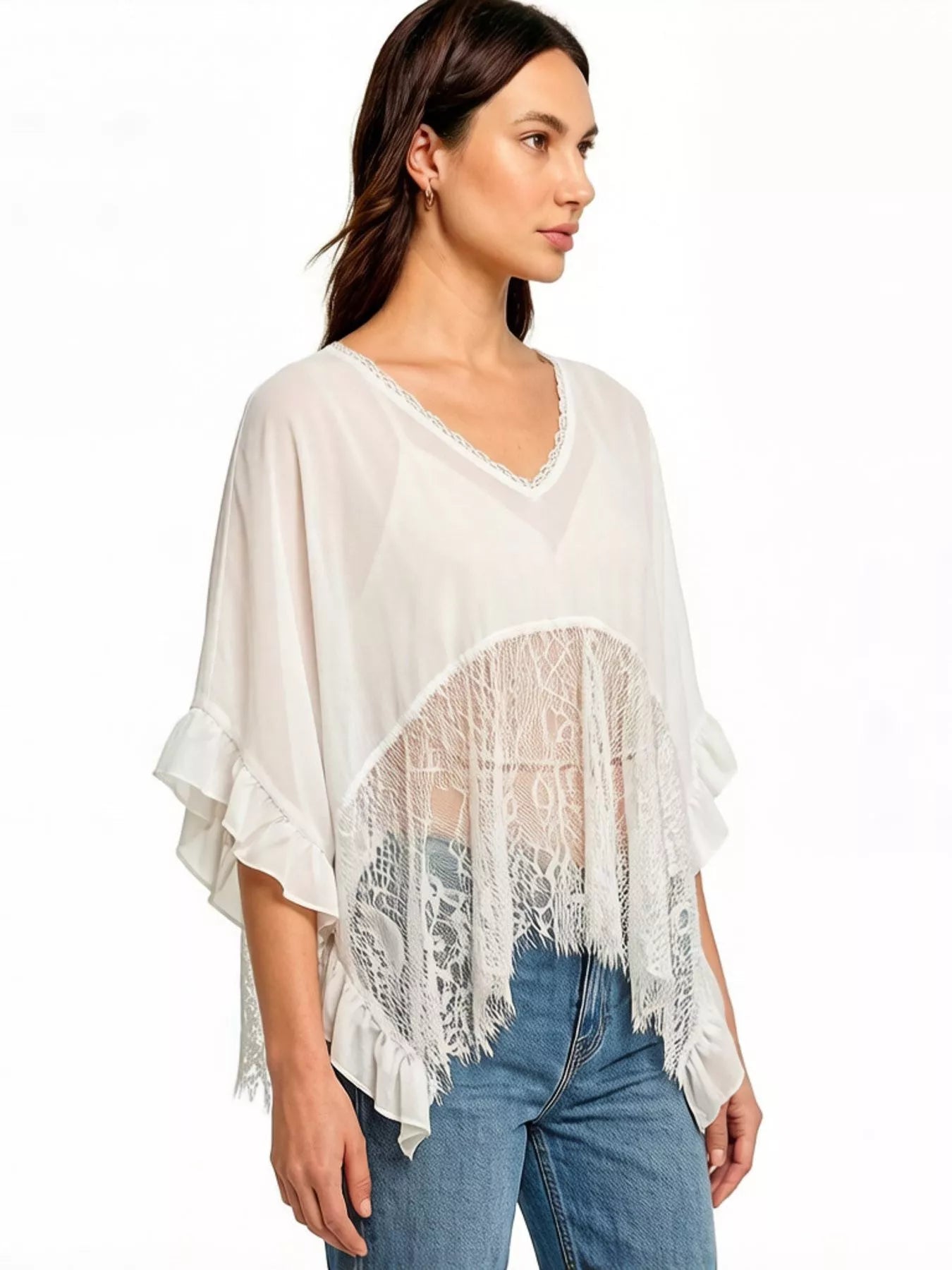 Cedar & Moore Lace Trim Flowy Cover-Up, ivory sheer with lace trim, Trendsi