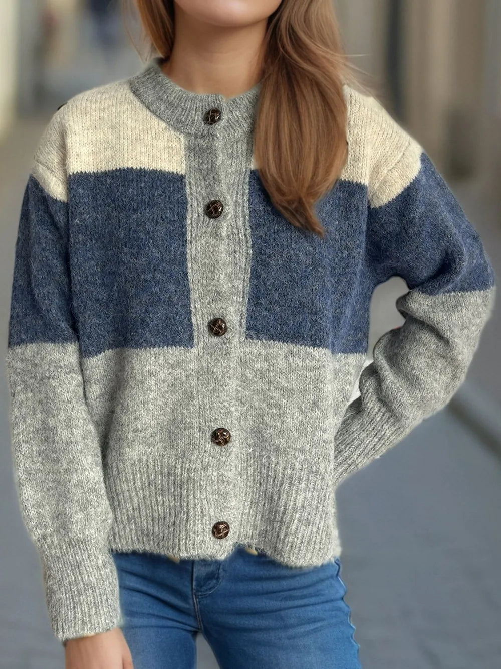 Color-block button-up cardigan in heather gray with blue panels, round neck, button front