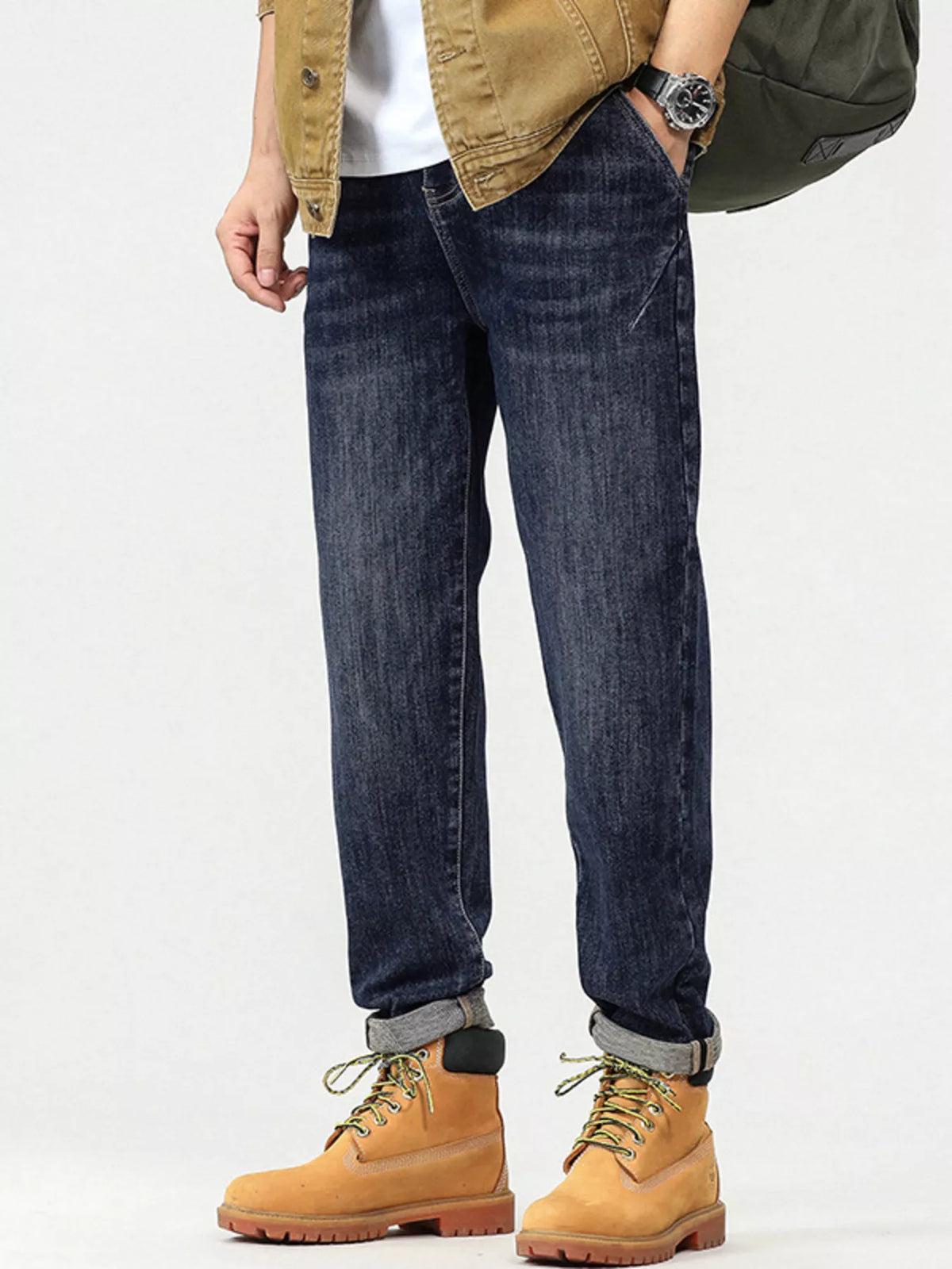 Men's relaxed fit vintage wash blue cotton jeans, straight leg with cuffed hem