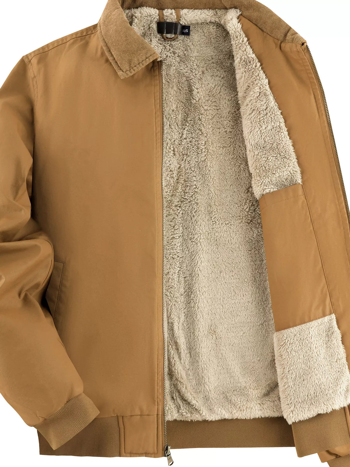 Men's sherpa-lined zip-up jacket, full-zip front with sherpa interior and side pockets, ochre.