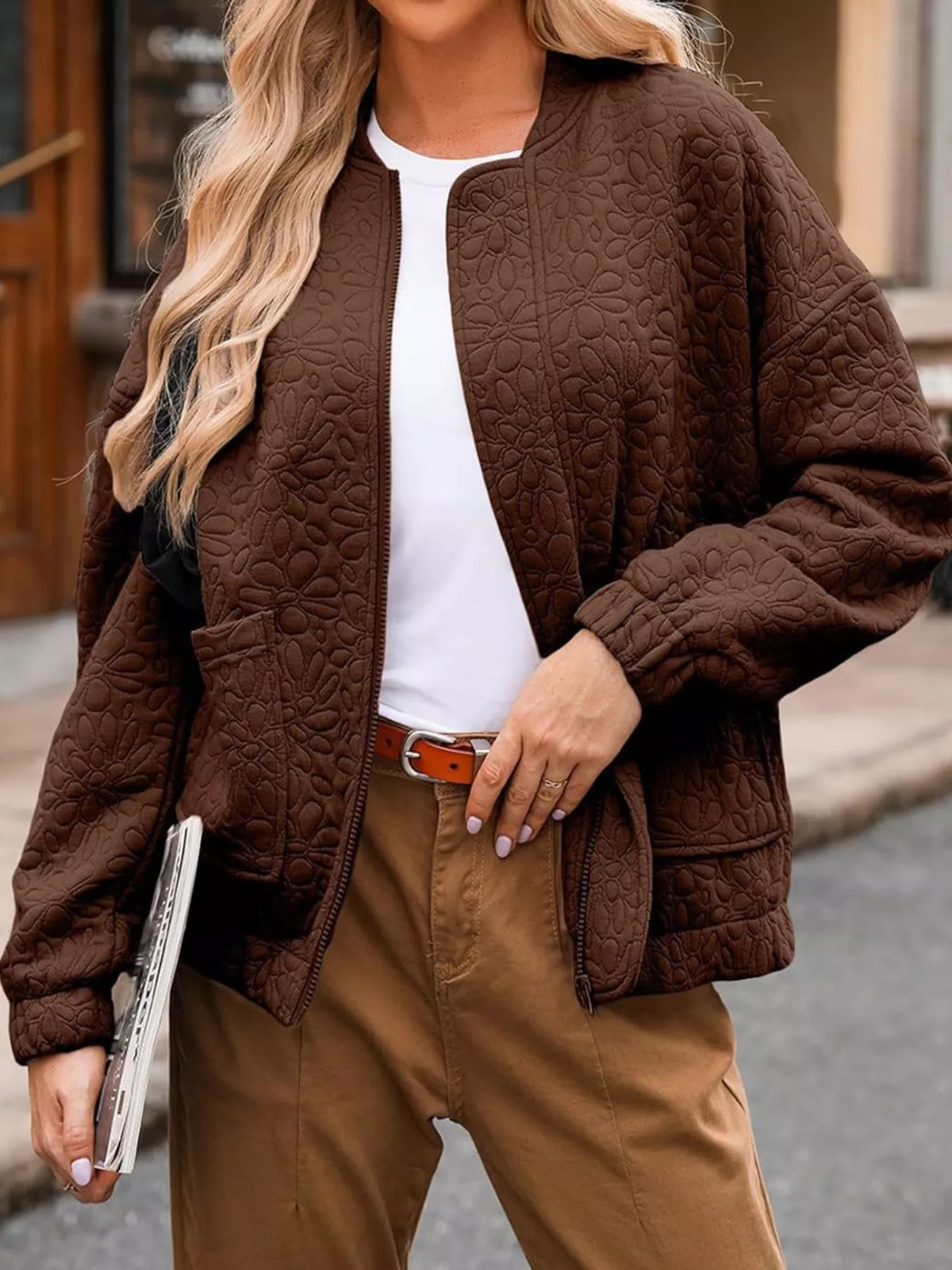 Floral quilted zip-up jacket in dark brown, front zipper, side pockets, long sleeves