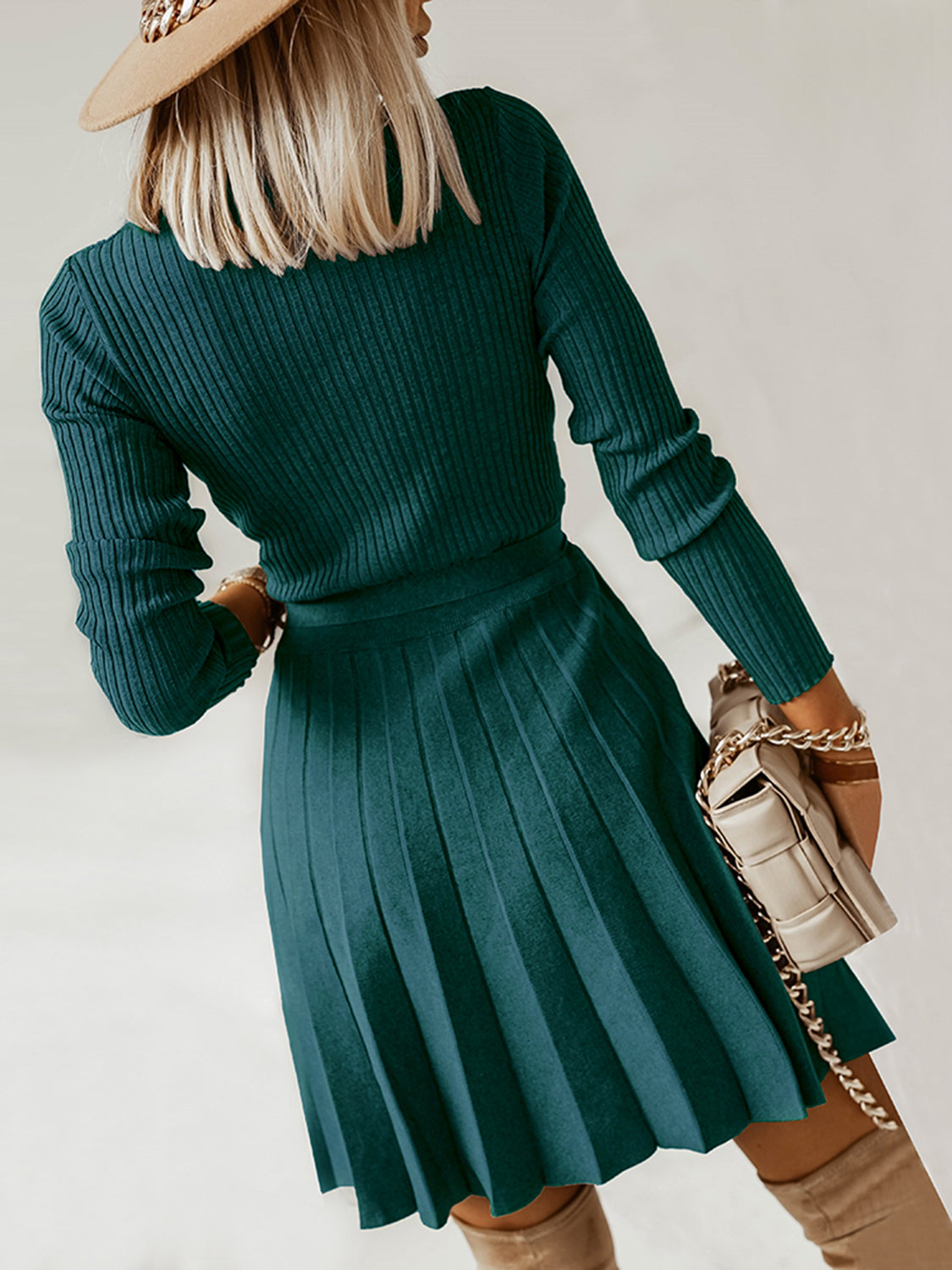 Teal surplice sweater dress, long ribbed sleeves, tie waist, pleated skirt
