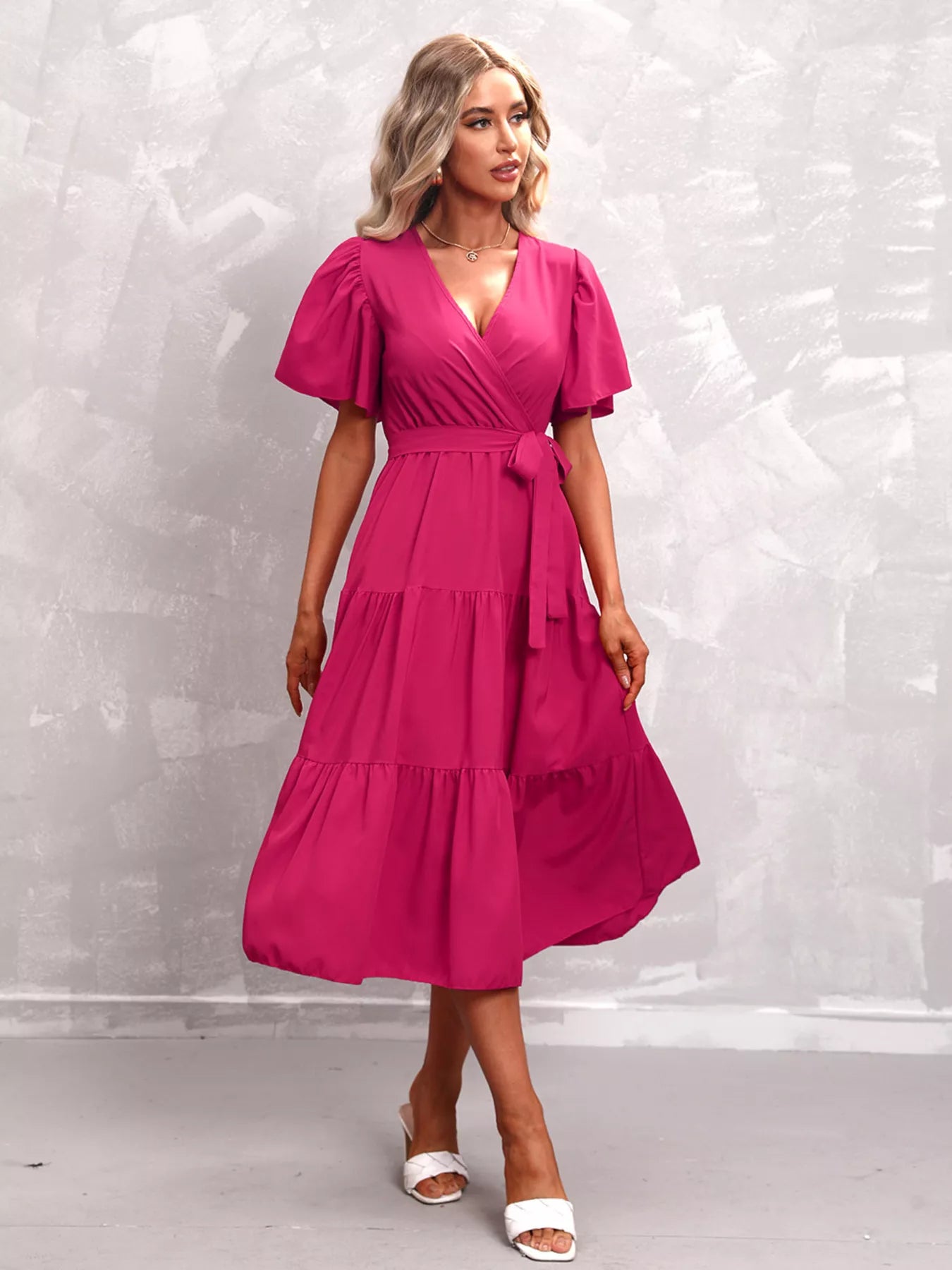 Flutter-sleeve tiered midi dress with V-neck and tied waist, hot pink