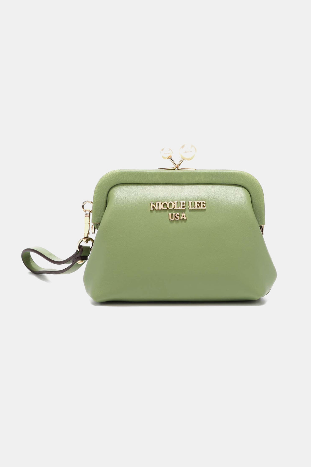 Nicole Lee USA Elise pearl coin purse, sage green with framed kiss-lock top and clasp.