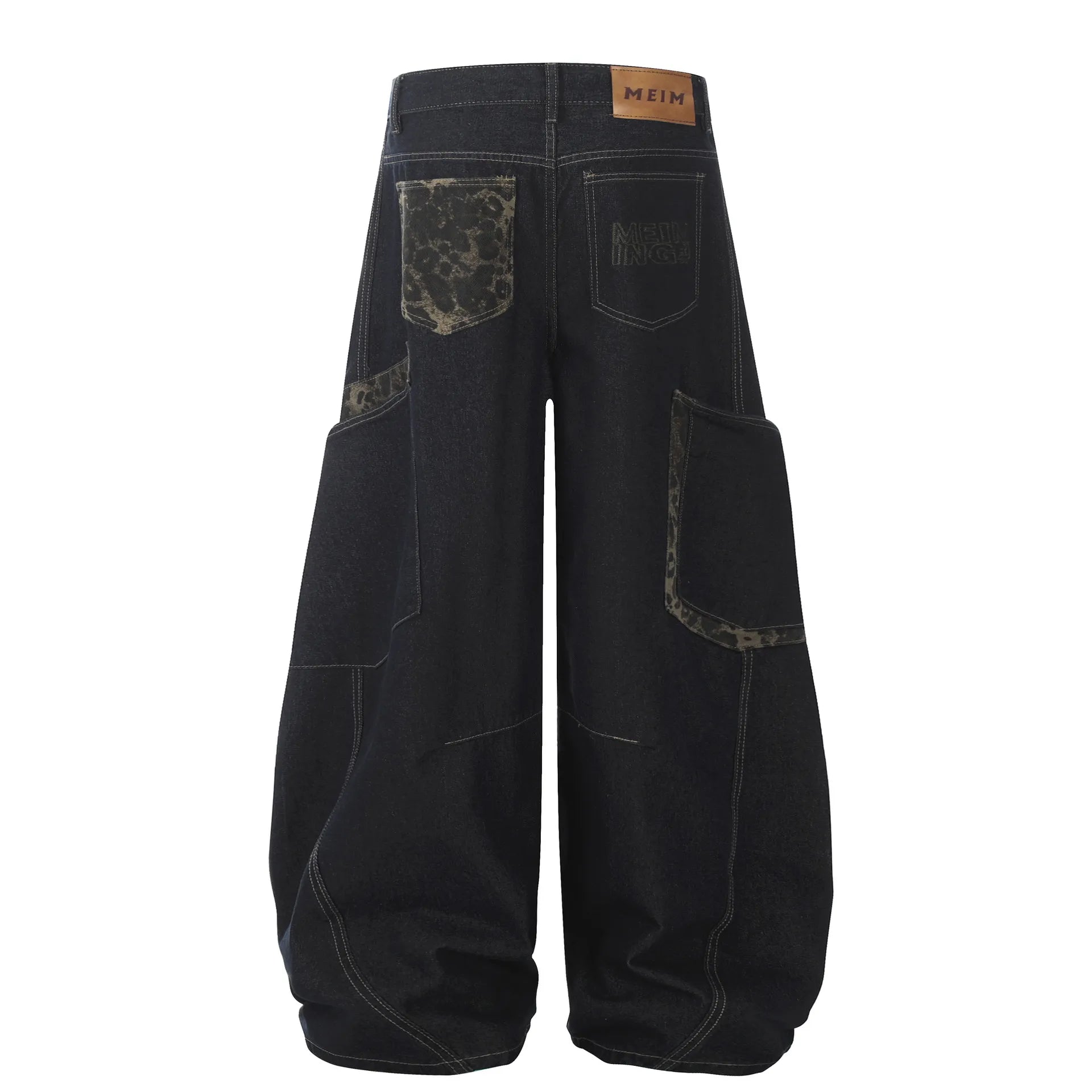 Black wide-leg cargo jeans with multiple patch pockets and MEIM label at waistband