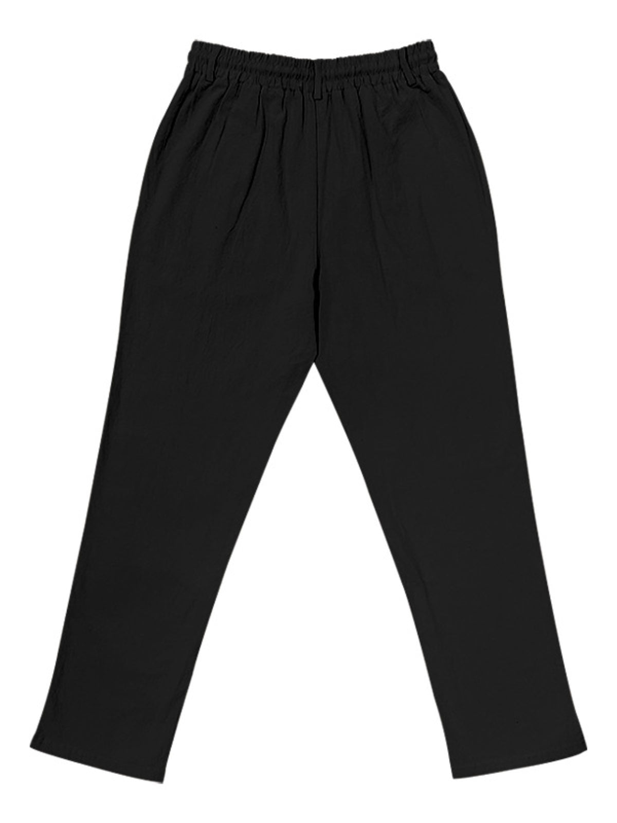 Black men’s lightweight drawstring pants, relaxed straight leg and elastic waist