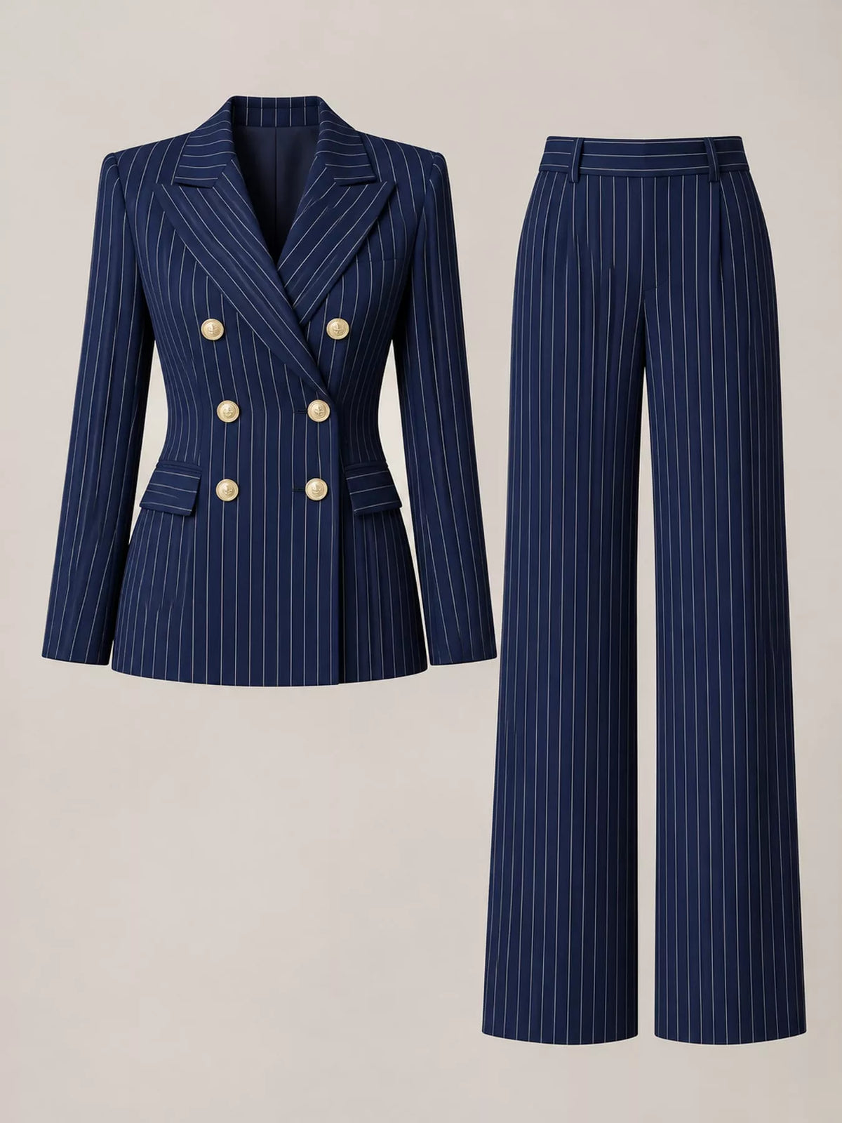 Navy pinstripe double-breasted blazer and matching wide-leg pants set, flat lay.