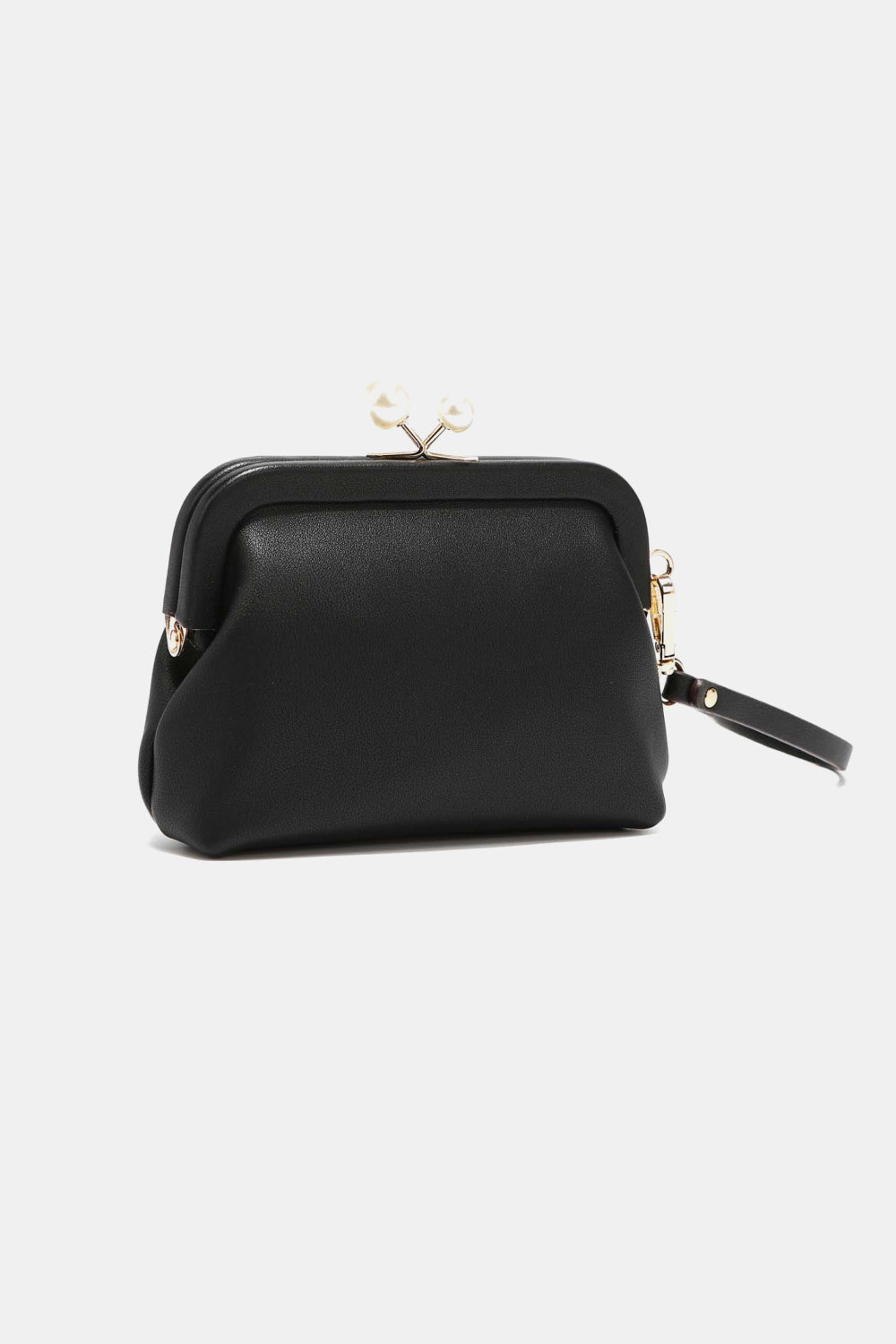 Black pearl coin purse with kiss-lock clasp, side view and detachable wrist strap