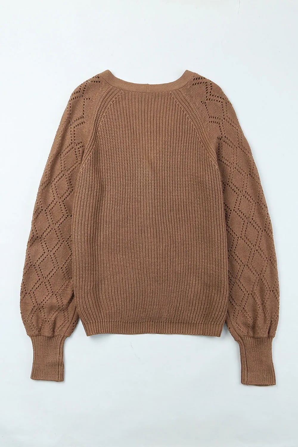 Openwork V-neck cardigan, taupe knit, balloon sleeves