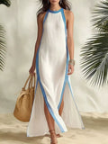 Striped sleeveless split maxi dress, white with blue trim stripes and high neckline
