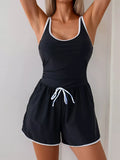 Trendsi black contrast-trim scoop-neck one-piece swimsuit with white trim, drawstring waist, pocketed