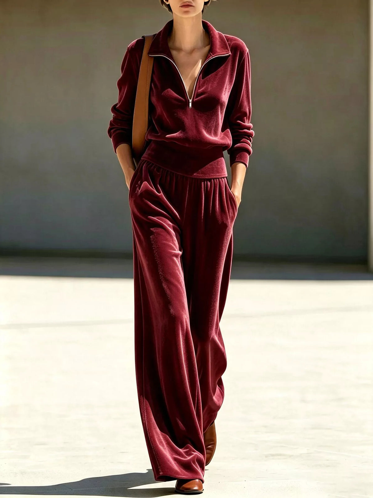 Velvet quarter-zip top and wide-leg pants set, burgundy with long sleeves.