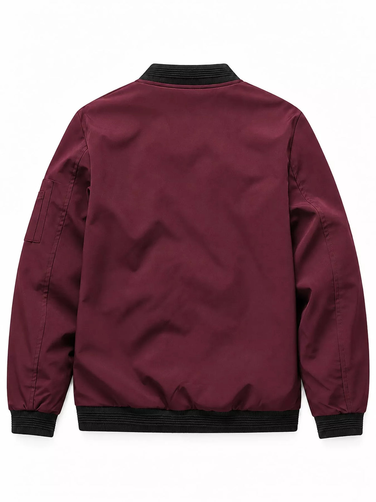 Men's lightweight burgundy bomber jacket, back view, ribbed hem and knit cuffs