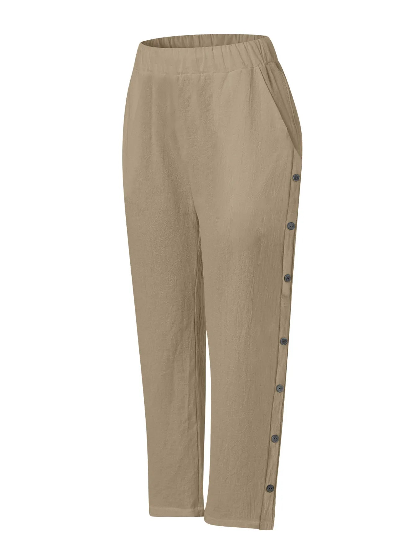 Khaki/beige casual wide-leg pants with side button trim
