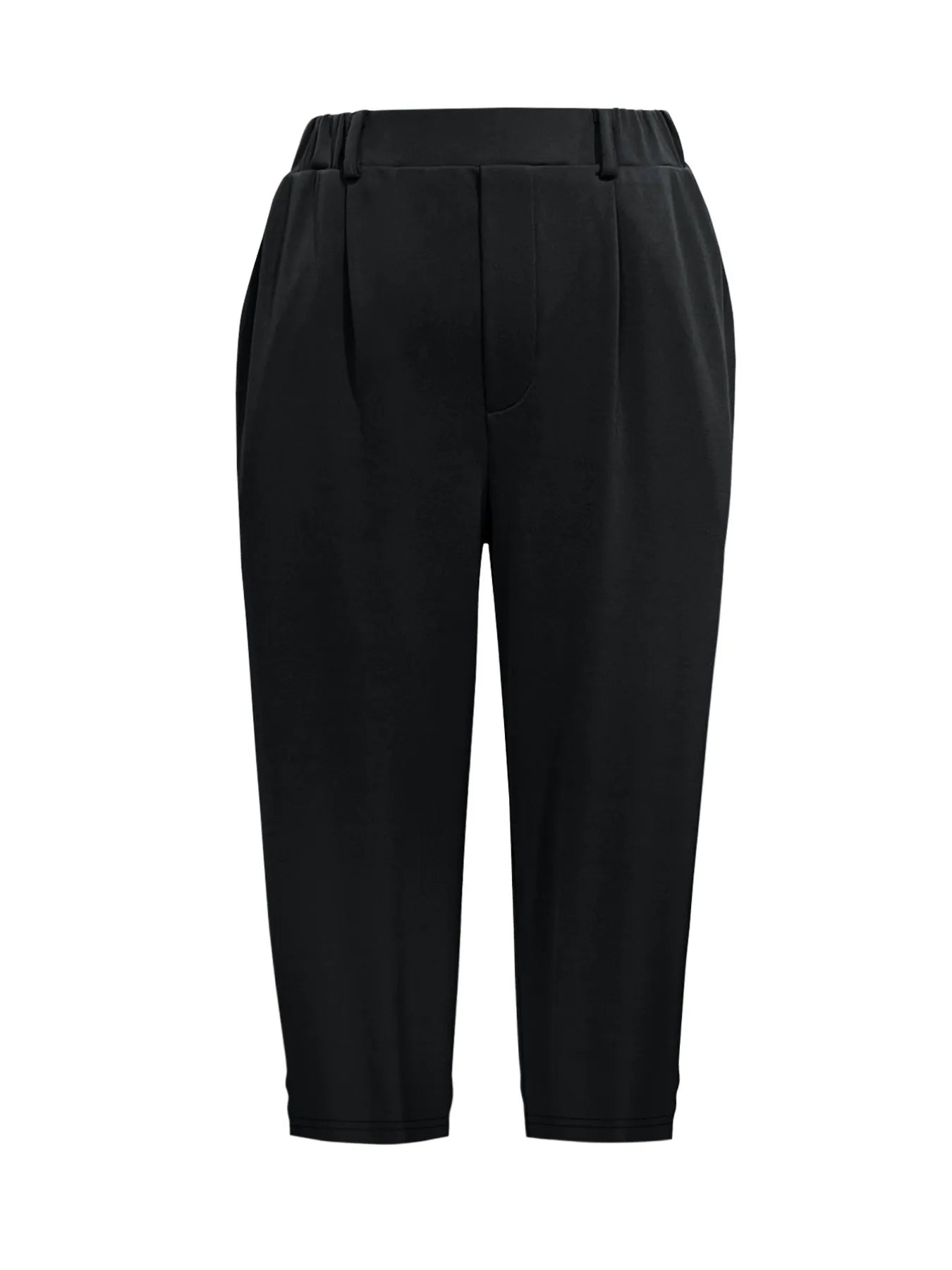 Black pleated capri pants with front pockets and belt loops