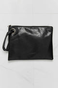 Black vegan leather wristlet clutch with wrist strap, ring hardware, zippered top