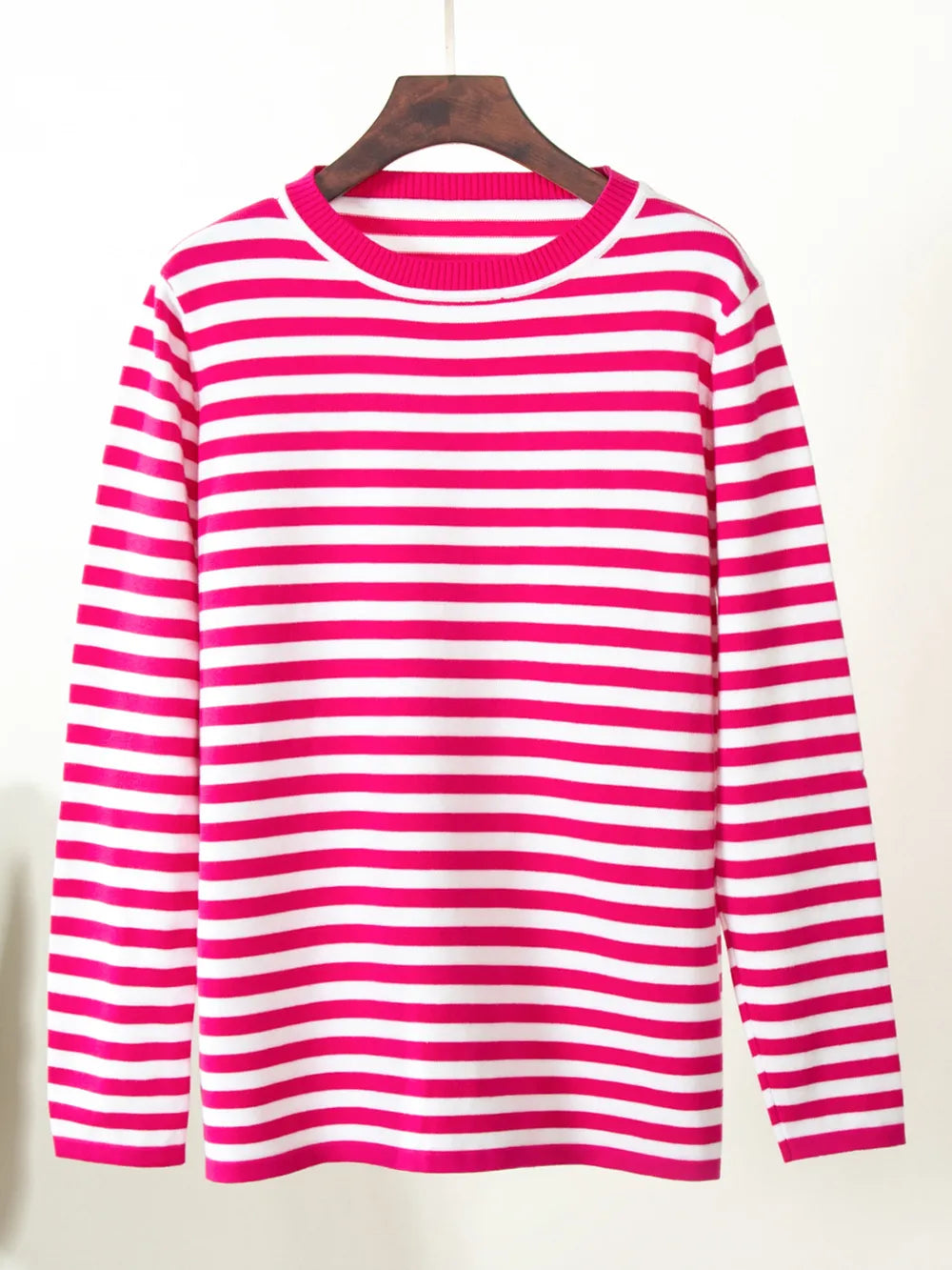 Striped long-sleeve sweater in pink and white with crew round neck.