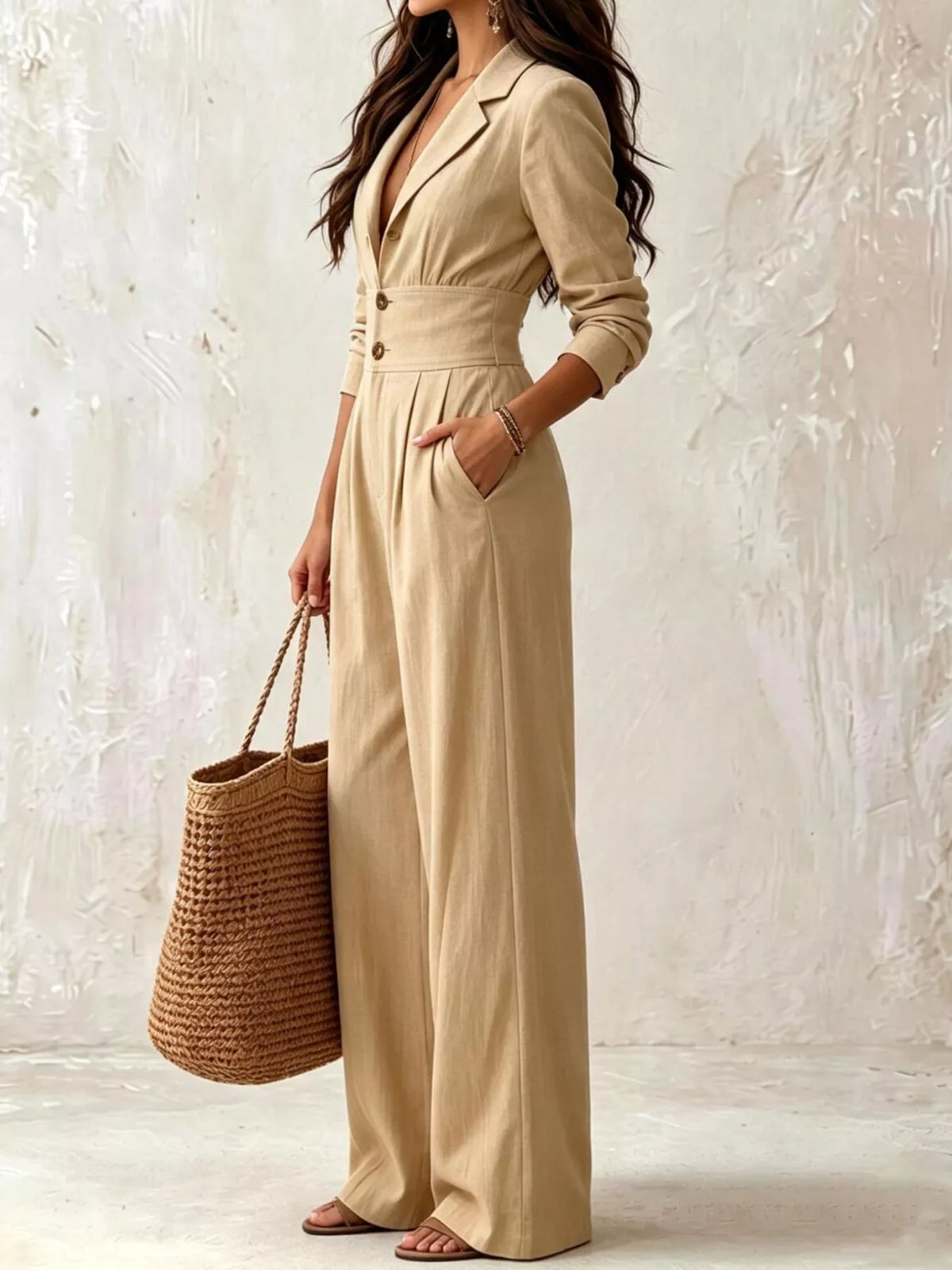 Tan lapel-collar button-front wide-leg jumpsuit, long sleeves, cinched waist
