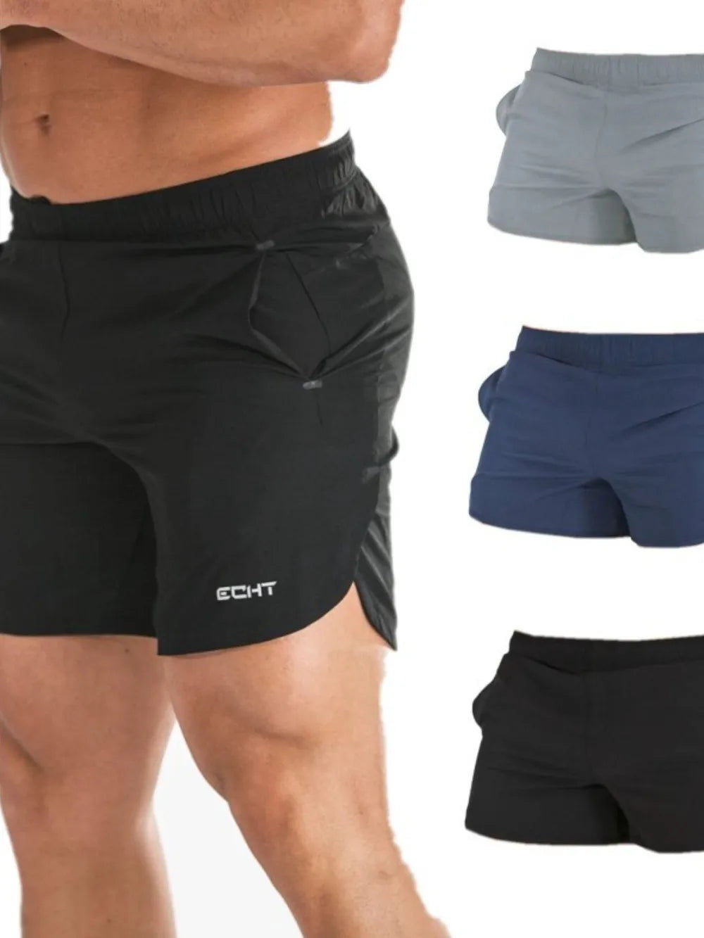 Men's plus-size quick-dry shorts with pockets, black, drawstring waistband, side logo