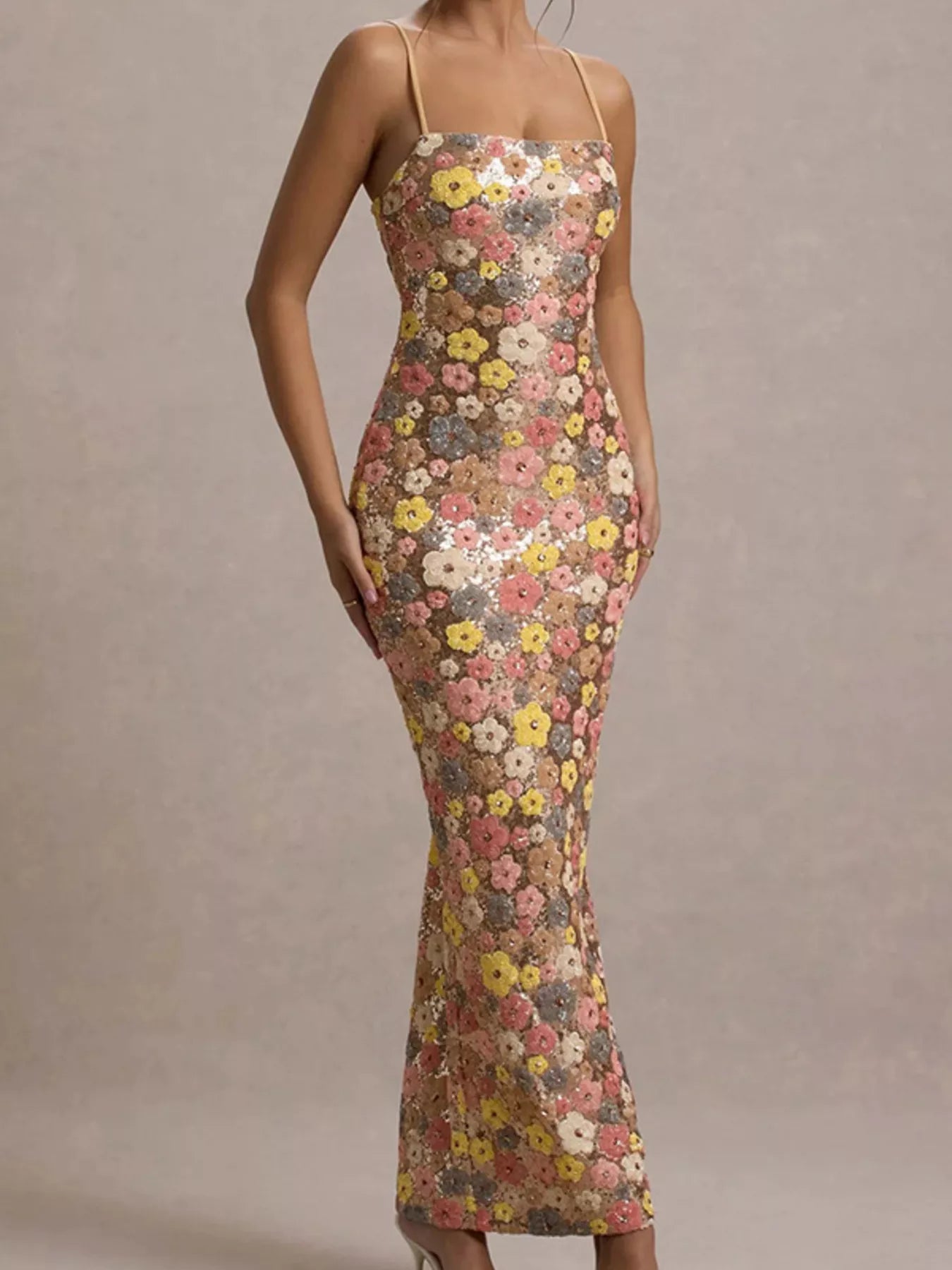Cedar & Moore Floral sequin embellished bodycon maxi dress with spaghetti straps, slit, zipper