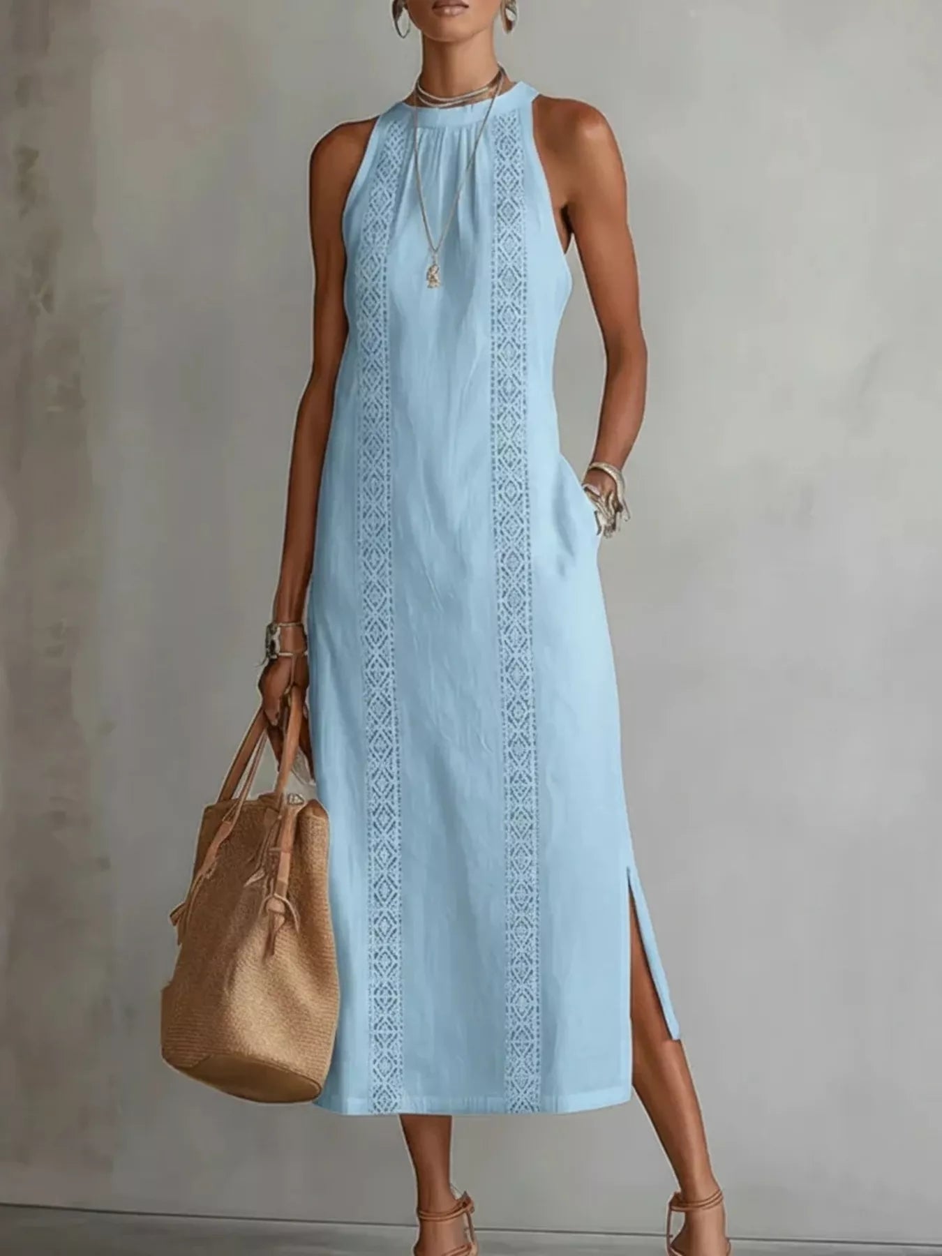 Light blue sleeveless midi dress with lace trim panels and side slit