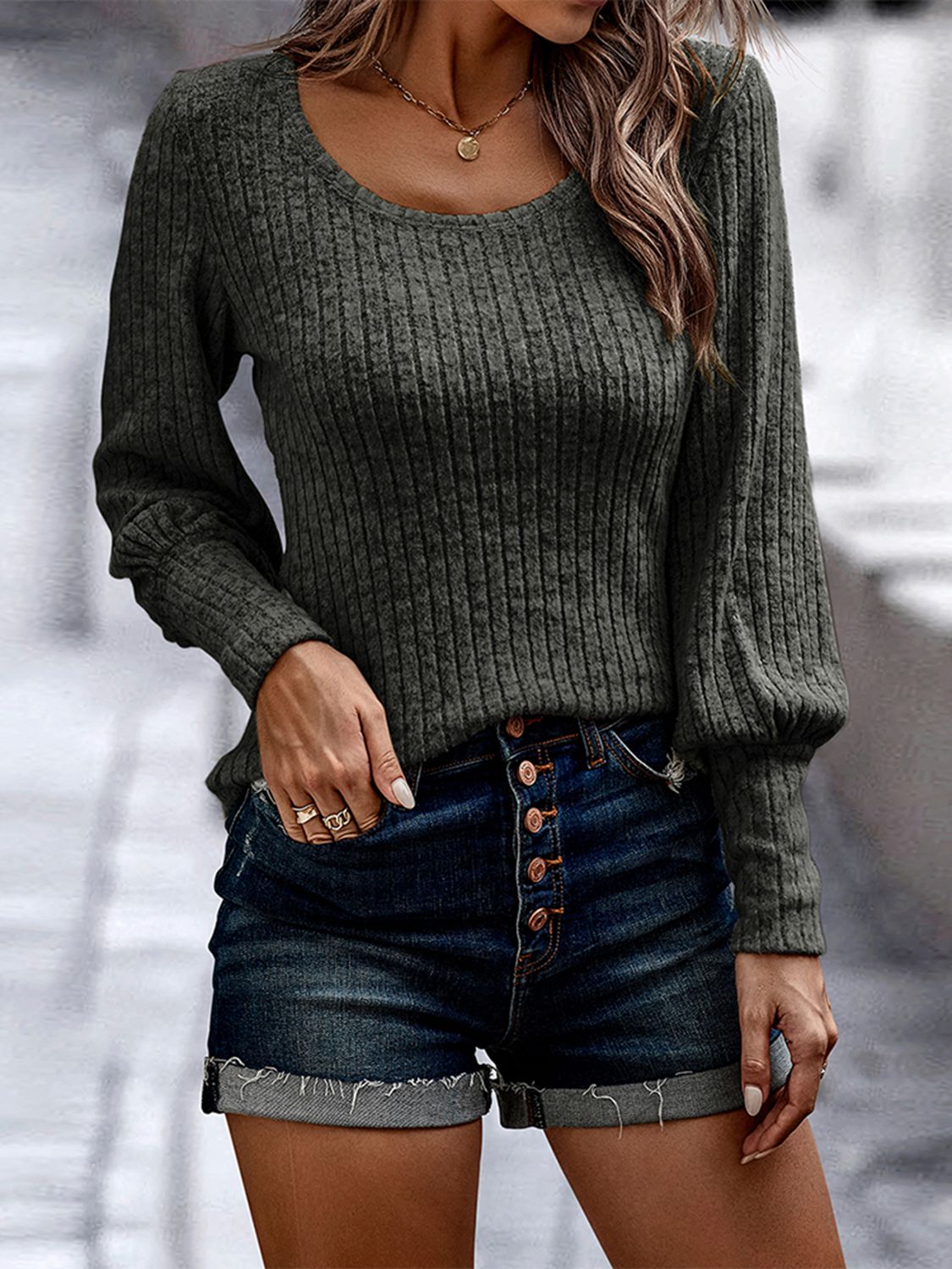 Charcoal ribbed knit blouse with round neck and long sleeves, front view