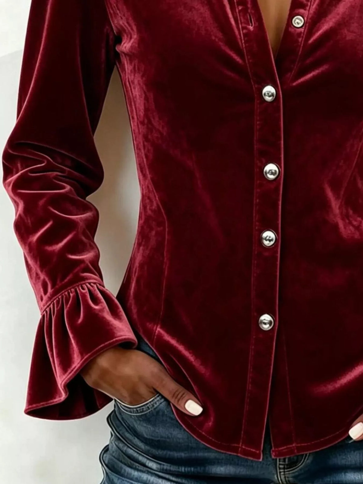 Wine red velvet button-down top with sleeve ruffle cuffs and buttons