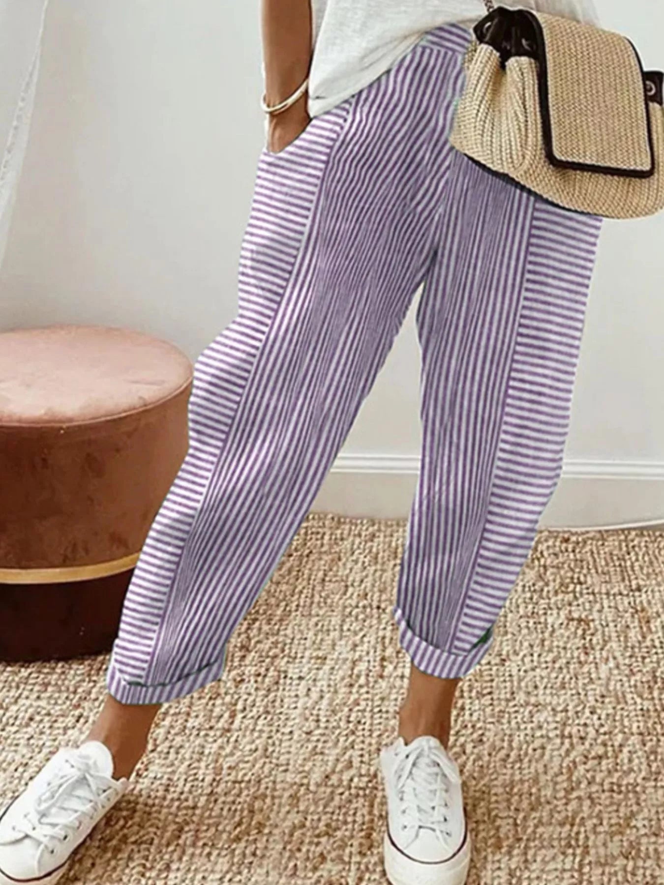 Striped casual pants with pockets, light purple and white vertical stripes, ankle cuffs
