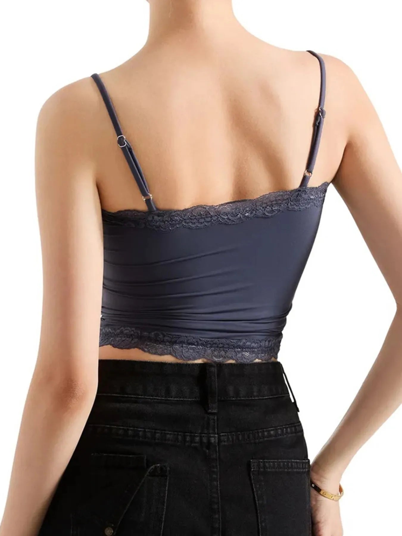 Navy lace-trim cami top shown from the back with thin adjustable straps