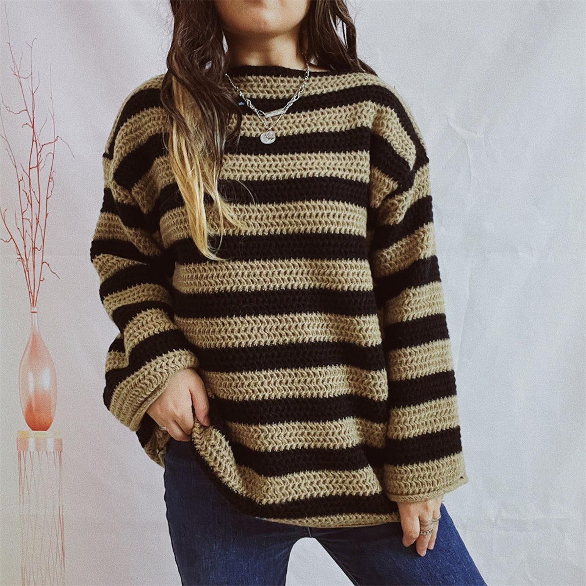 Striped long sleeve sweater, tan and dark brown knit, crew neck, long ribbed sleeves