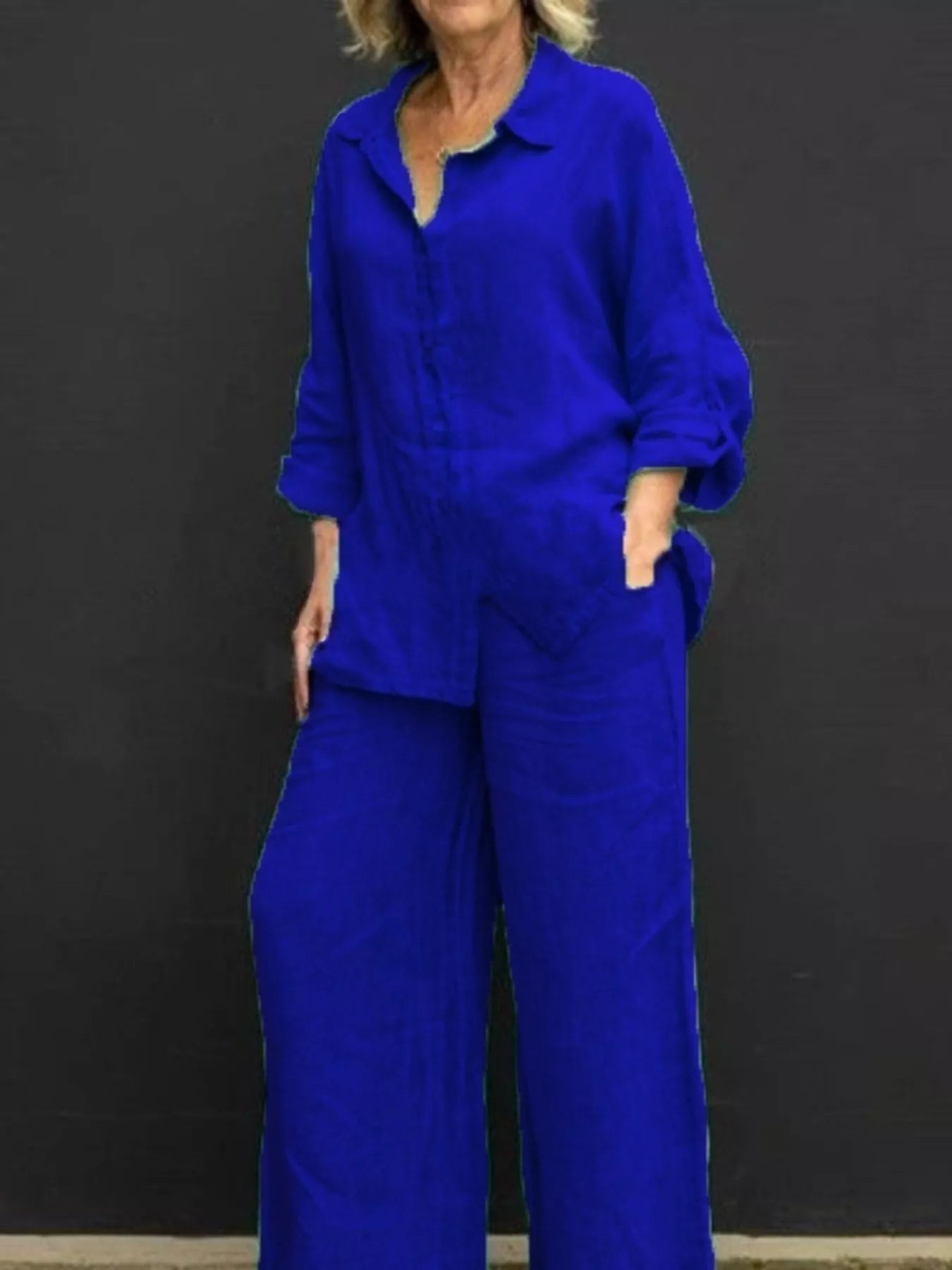 Royal blue long-sleeve shirt and wide-leg pants set with front buttons