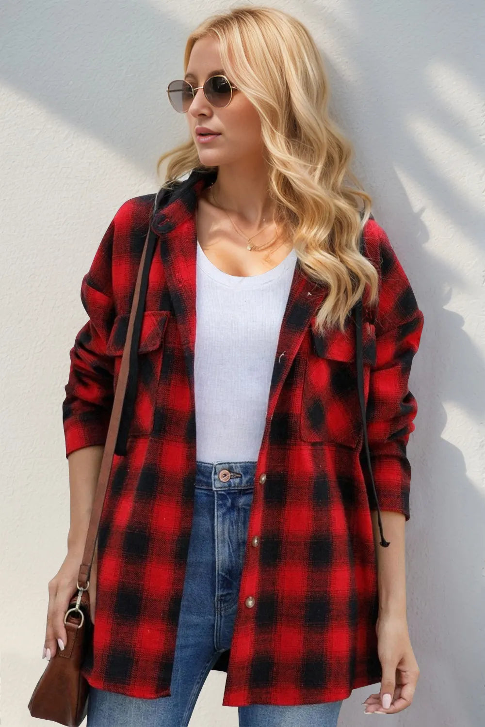 Red plaid hooded shacket with button front and drawstring hood, relaxed fit