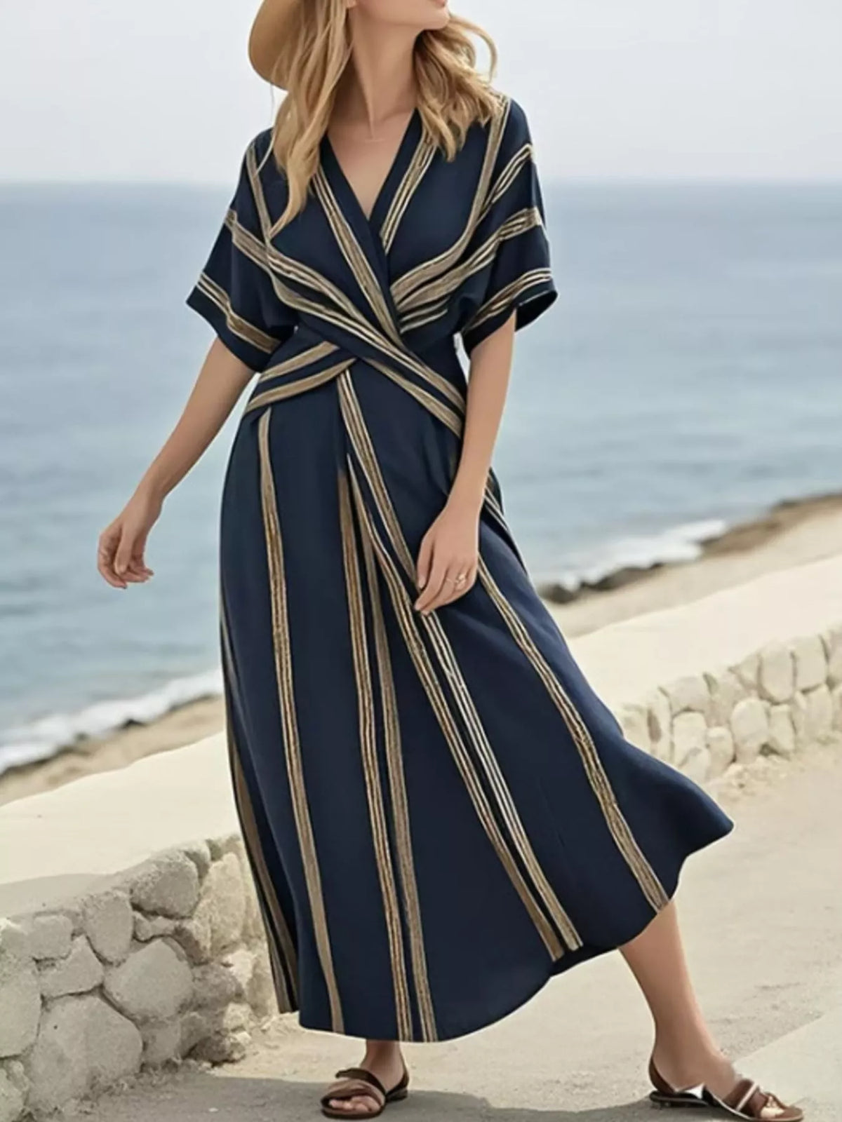Striped surplice midi dress, dark navy with gold vertical stripes and short sleeves